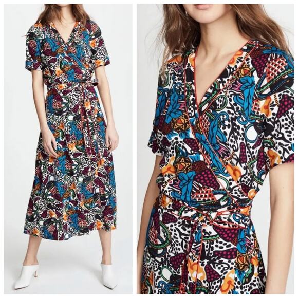 Veronica Beard Colorful Floral Serena Midi Short Sleeve Wrap Dress 0 - Picture 1 of 6